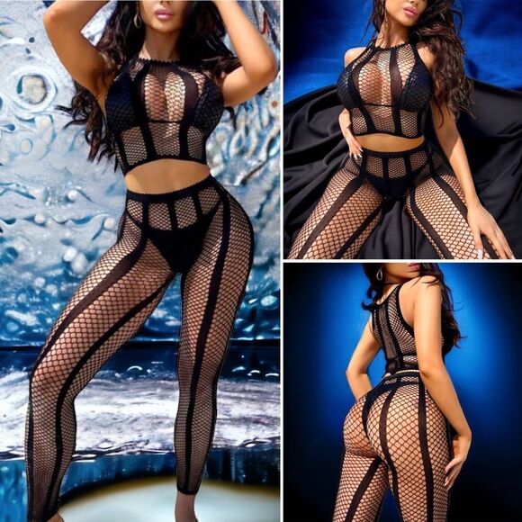 Feels Good On! Fishnet 2-piece Black Cage Top & Bottom Set l Swim/Sleepwear - Picture 1 of 9